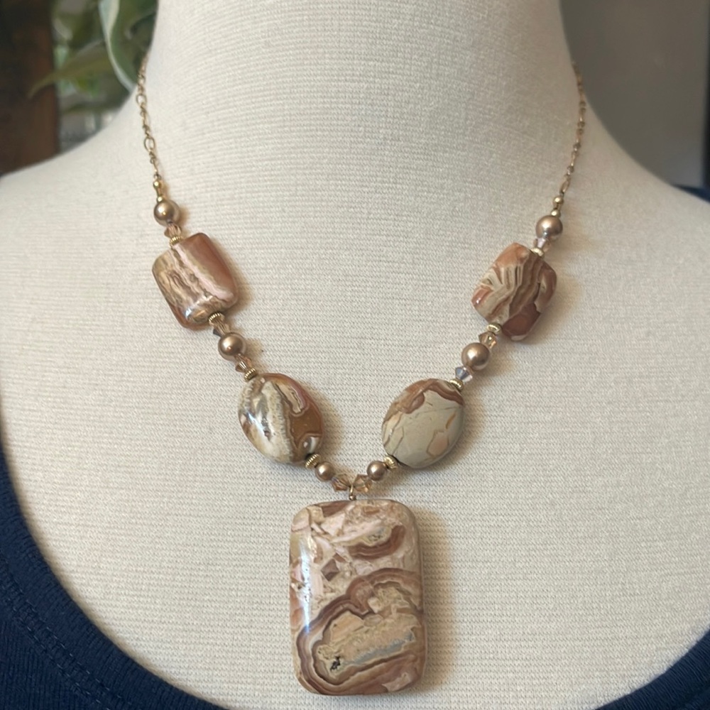 Laguna Agate Healing Jasper stone adjustable necklace with gold beads
